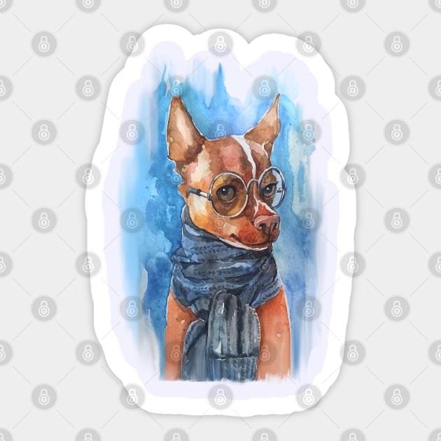 Smart Chihuahua dog with glasses, watercolor print. Sticker by kdegtiareva